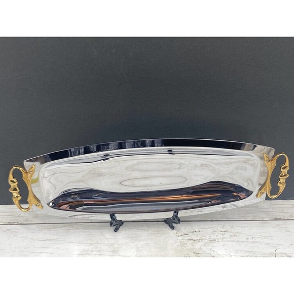 MCM Kromex Silver Serving Tray Bread Platter Chrome Brass Handles 17.5 x 6.5" - Picture 2 of 12